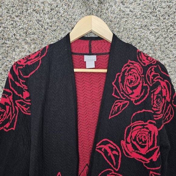 Chicos Cardigan Womens 0 US Small Black Red Floral Open Front Knit Casual Ladies - Picture 4 of 7